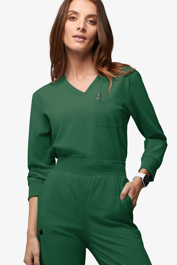 Easy STRETCH Women's Josie 2-Pocket Relaxed 3/4" Sleeve Scrub Top - Hunter - 2