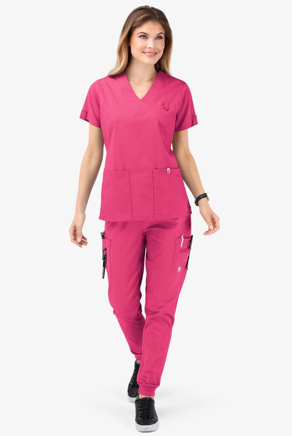 Blusa m&eacute;dica Butter-Soft STRETCH con cuello en V y 6 bolsillos para mujer - Fuchsia - 2