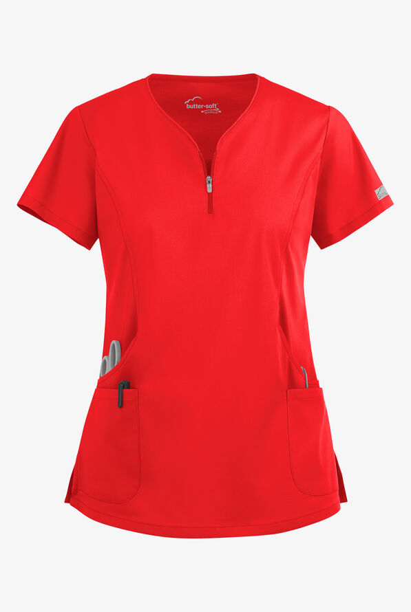 Butter-Soft STRETCH Women's 4-Pocket Curved Neck Zipper Scrub Top - Venetian Red - 1
