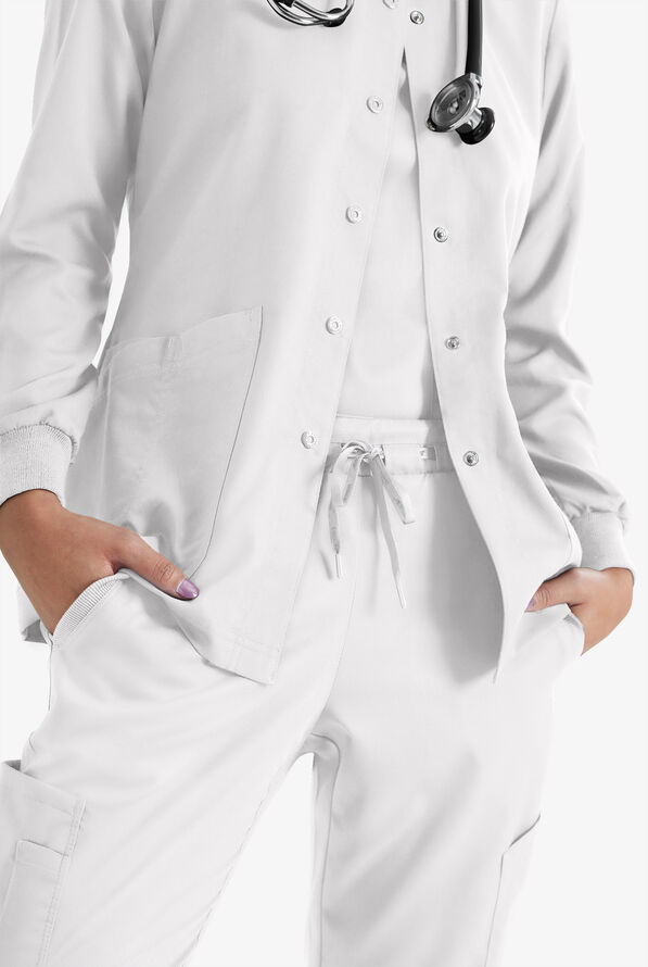 Grey's Anatomy by Barco Women's 4-Pocket Round Neck Warm-Up Scrub Jacket - White - 3