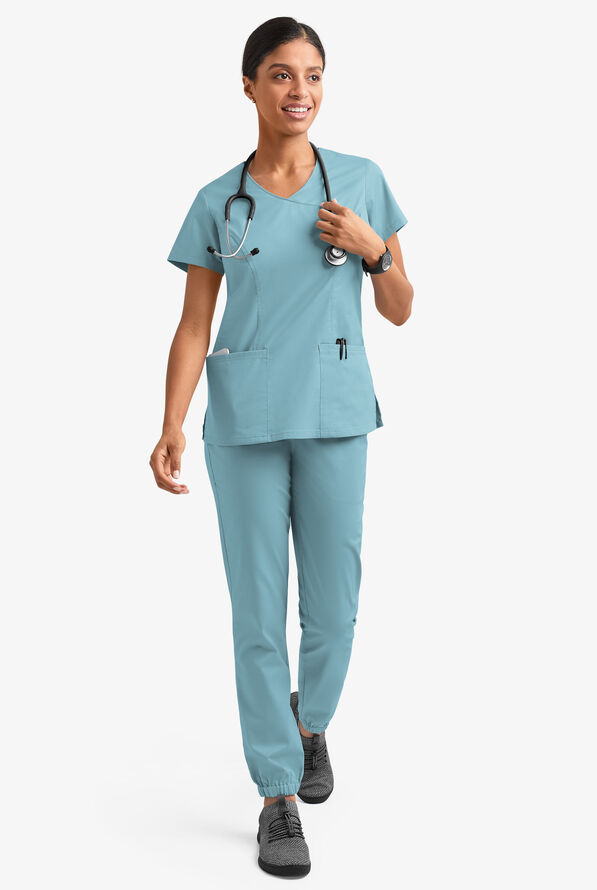 Butter-Soft STRETCH Women's 3-Pocket V-Neck Mock Wrap Scrub Top - Dew Drop - 6