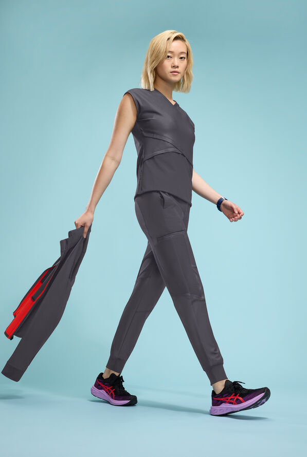 Infinity GNR8 Kinetic Knit Women's 3-Pocket STRETCH Dolman Wrap V-Neck Scrub Top - Pewter - 4