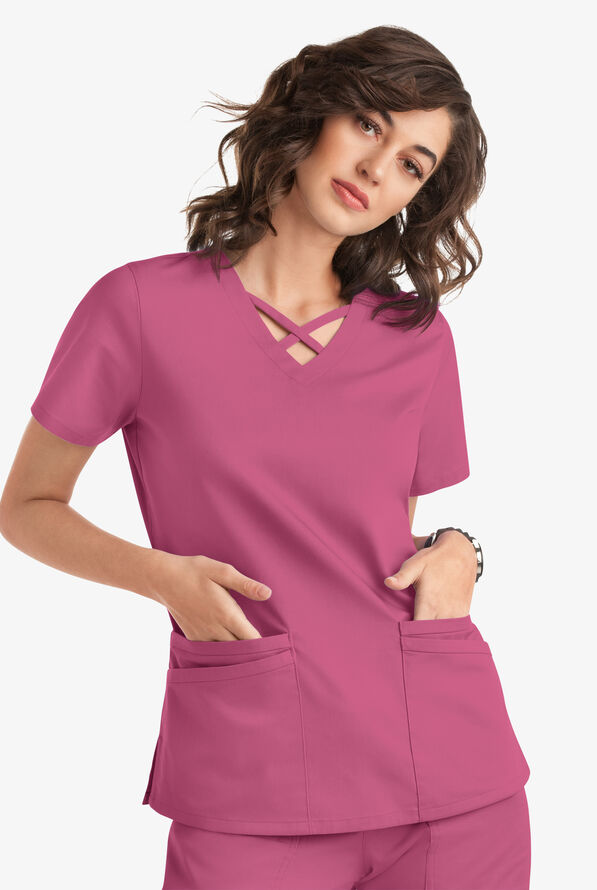 Butter-Soft STRETCH Women's 4-Pocket Crisscross Scrub Top - Berry Haze - 5
