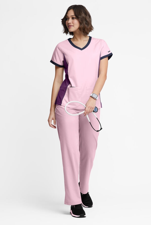 Blusa m&eacute;dica Butter-Soft Originals Tri-Colorblock con cuello en V y 4 bolsillos para mujer - Rose Quartz/Eggplant/Navy - 4