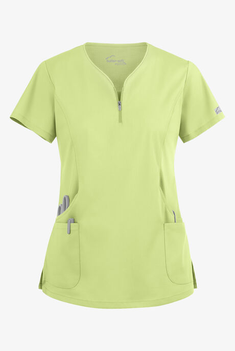Butter-Soft STRETCH Women's 4-Pocket Curved Neck Zipper Scrub Top