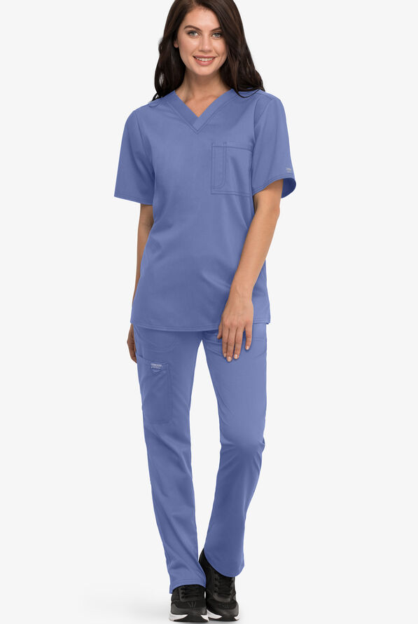 Cherokee Workwear Revolution Unisex 1-Pocket STRETCH V-Neck Scrub Top - Ceil Blue - 4