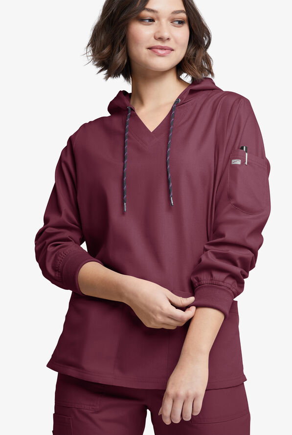 Strictly Scrubs Women's 5-Pocket Long Sleeve Pullover Hoodie - Wine - 2