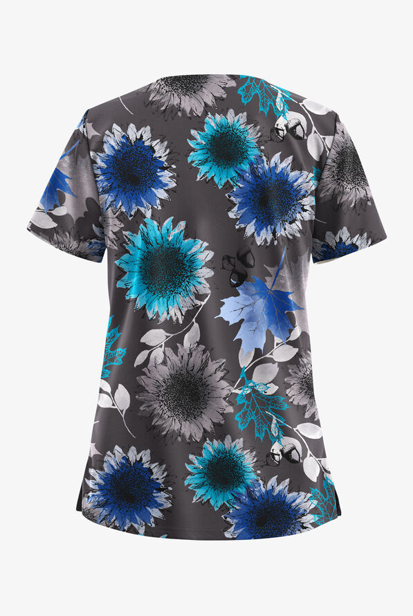 Butter-Soft STRETCH Sunflowers Pewter Women's 2-Pocket V-Neck Print Scrub Top - null - 2