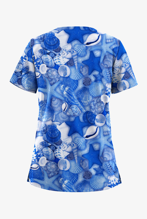 Butter-Soft STRETCH Ocean Finds Royal Women's 2-Pocket V-Neck Print Scrub Top - null - 2