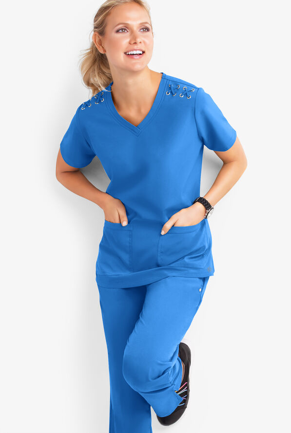 Blusa médica Easy STRETCH Leila con ojales y lazos para mujer - Cerulean - 2