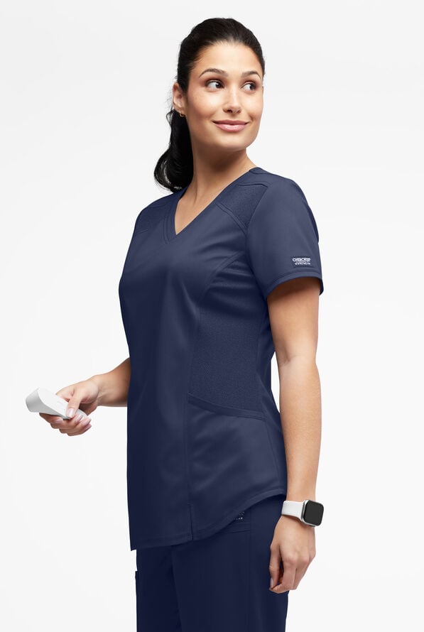 UA Exclusive Cherokee Workwear Revolution Women's 2-Pocket STRETCH Mesh Trim V-Neck Scrub Top - Navy - 2