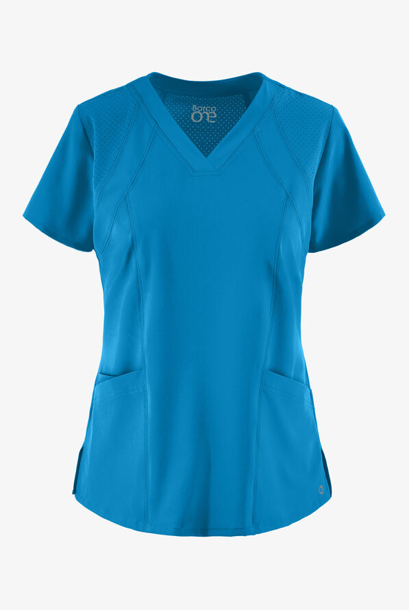 Barco One Racer Women's 4-Pocket STRETCH Perforated Detail V-Neck Scrub Top - Wave Blue - 1