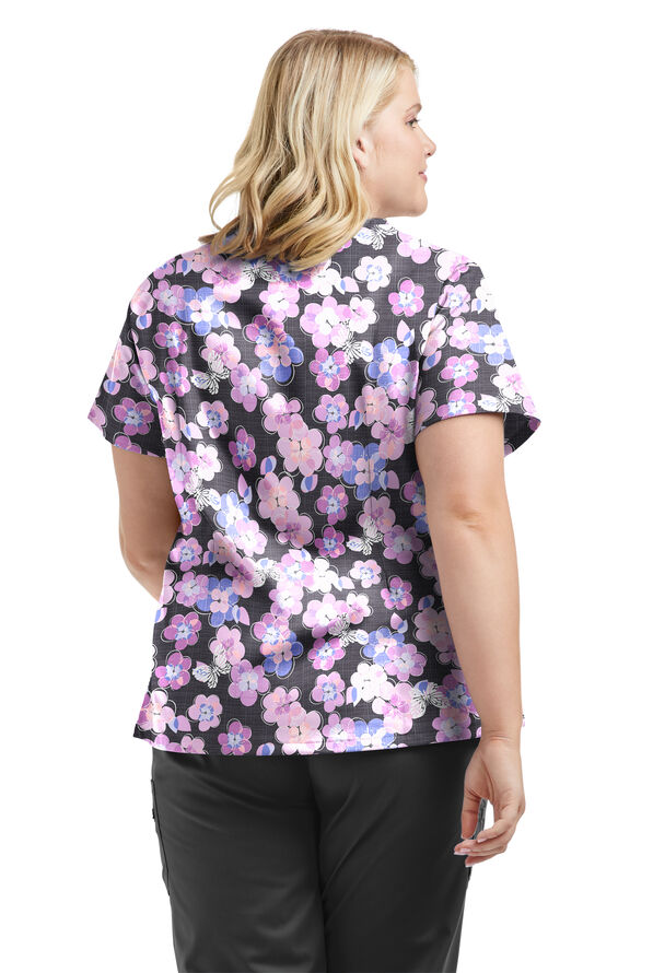 Butter-Soft STRETCH Blooms And Butterflies Pewter Women's 4-Pocket Crisscross Print Scrub Top - null - 3