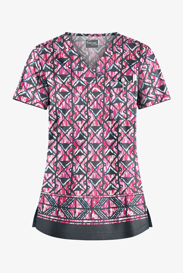 Butter-Soft STRETCH Day Dance Pewter Women's 1-Pocket V-Neck Print Scrub Top - null - 1