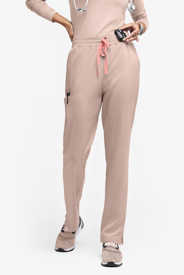 Easy STRETCH Naya Women’s Natural Waist 6-Pocket Straight Leg Scrub Pants - Mocha Meringue/Autumn Coral - 1