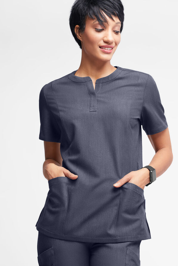 MOVEMENT by Butter-Soft  STRETCH Elara Women's 5-Pocket Henley Scrub Top - Indigo Heather - 2