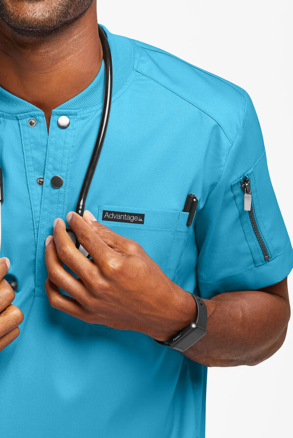 Advantage STRETCH Men's 2-Pocket Short Sleeve Henley Scrub Top - Turquoise - 3