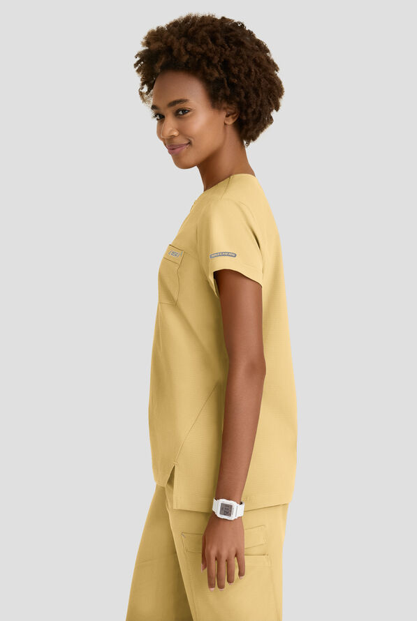 Skechers by Barco Ripstop Trek Women's 2-Pocket STRETCH Rounded Zip Neck Tuck In Scrub Top - Soft Citrine - 3
