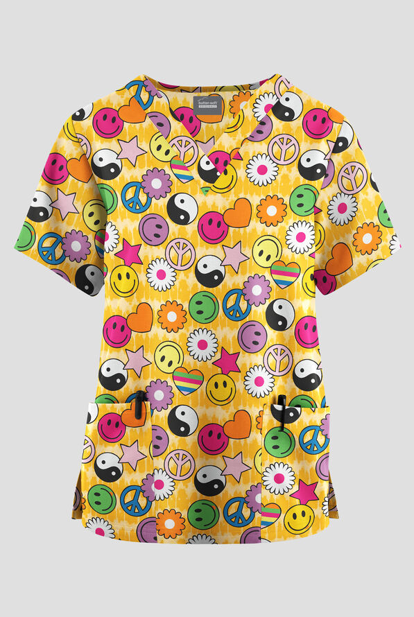 Butter-Soft Originals Peace Love Happiness Fuchsia Women's 2-Pocket V-Neck Print Scrub Top - null - 1