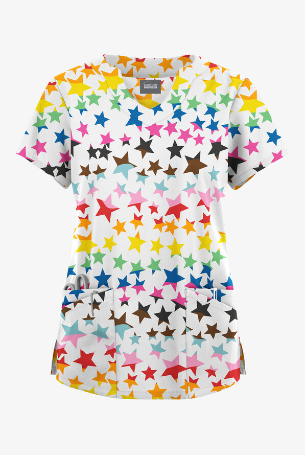 Butter-Soft Originals Happy Stars Women's 6-Pocket Scallop Neck Print Scrub Top - null - 1