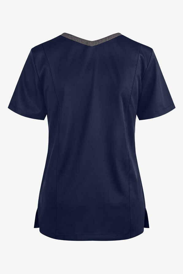 Blusa médica Maevn Matrix STRETCH jaspeada con cuello en V y 3 bolsillos para mujer - Navy/Heather Grey - 2
