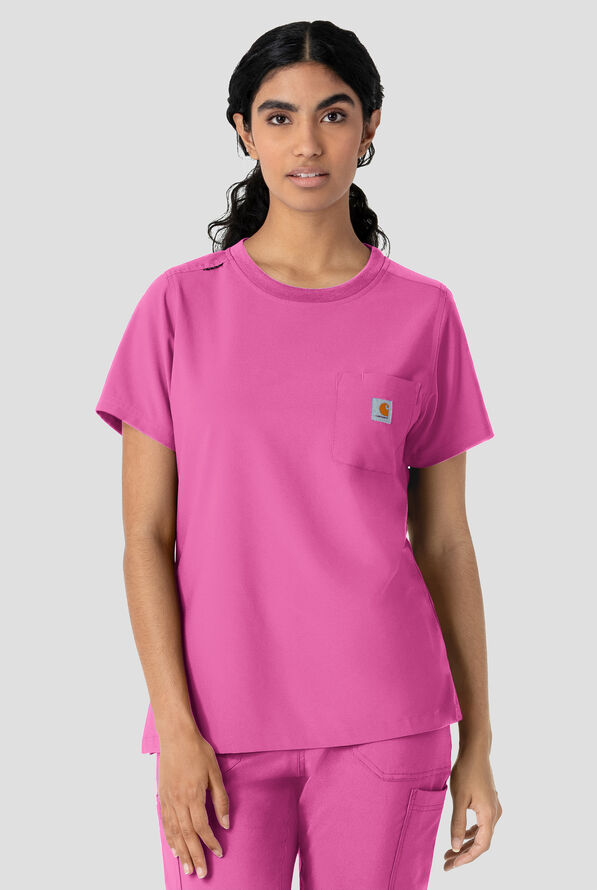 Carhartt Cross-Flex Force Women's 1-Pocket STRETCH Knit Trim Crew Neck Scrub Top - Electric Fuchsia - 2