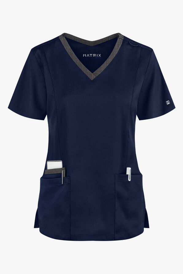 Blusa médica Maevn Matrix STRETCH jaspeada con cuello en V y 3 bolsillos para mujer - Navy/Heather Grey - 1