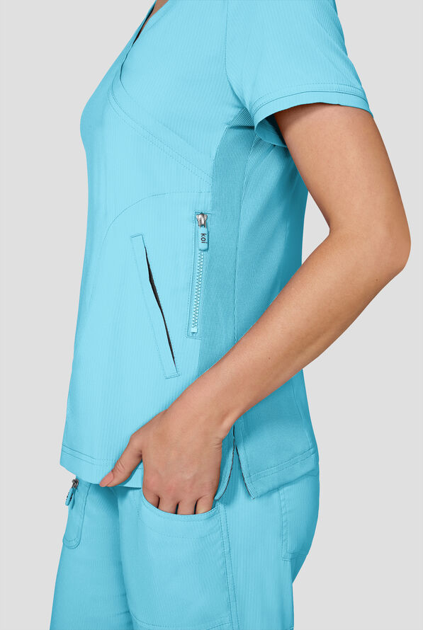 koi Lite&trade; Philosophy Women's 3-Pocket Mock Wrap Side Zipper Scrub Top - Sky - 3