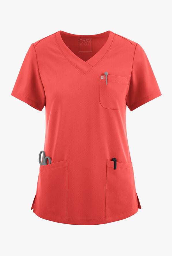 Blusa m&eacute;dica Easy STRETCH Tessa con cuello en V y 5 bolsillos para mujer - Spiced Coral - 1