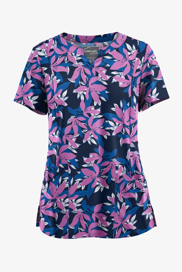 Butter-Soft STRETCH Happy Morning Floral Navy Women's 4-Pocket Notch Neck Print Scrub Top - null - 1