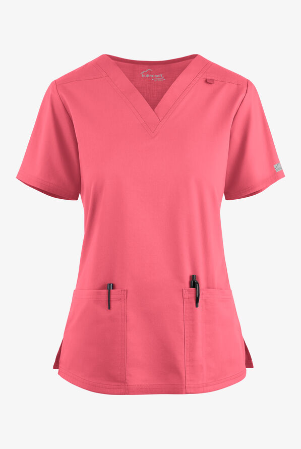 Butter-Soft STRETCH Women's 4-Pocket V-Neck Scrub Top - Rouge Rose - 1