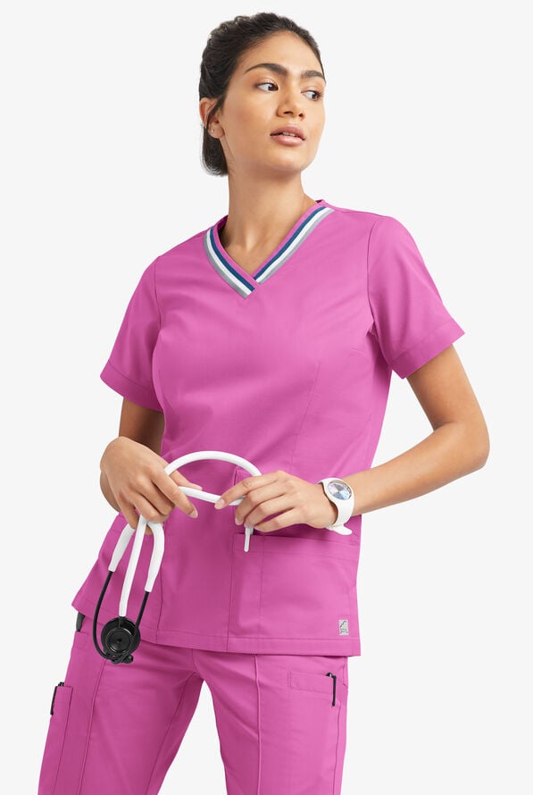 Butter-Soft STRETCH Women's 5-Pocket Short Sleeve V-Neck with Sport Trim Detail Scrub Top - Rosebud - 6