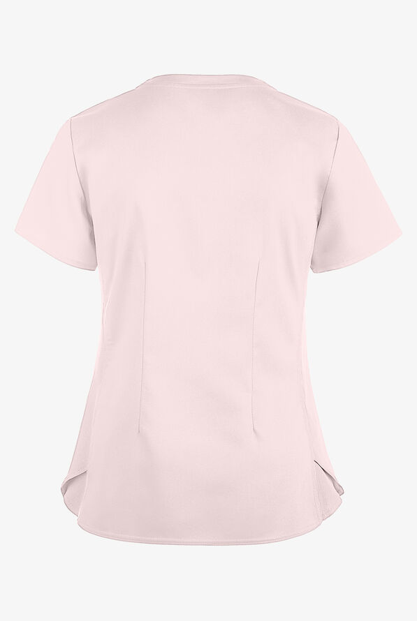 Med Couture Touch Women's 3-Pocket STRETCH Rib-Knit Side Panels Shirttail V- Neck Scrub Top - Ice Pink - 2