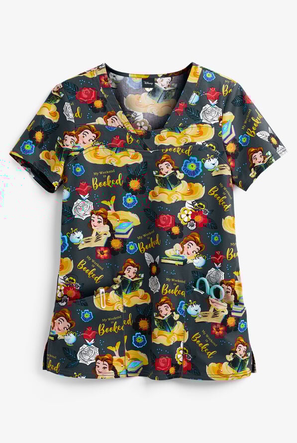 Cherokee Tooniforms Disney My Weekend is Booked Women's 2-Pocket V-Neck Print Scrub Top - null - 1