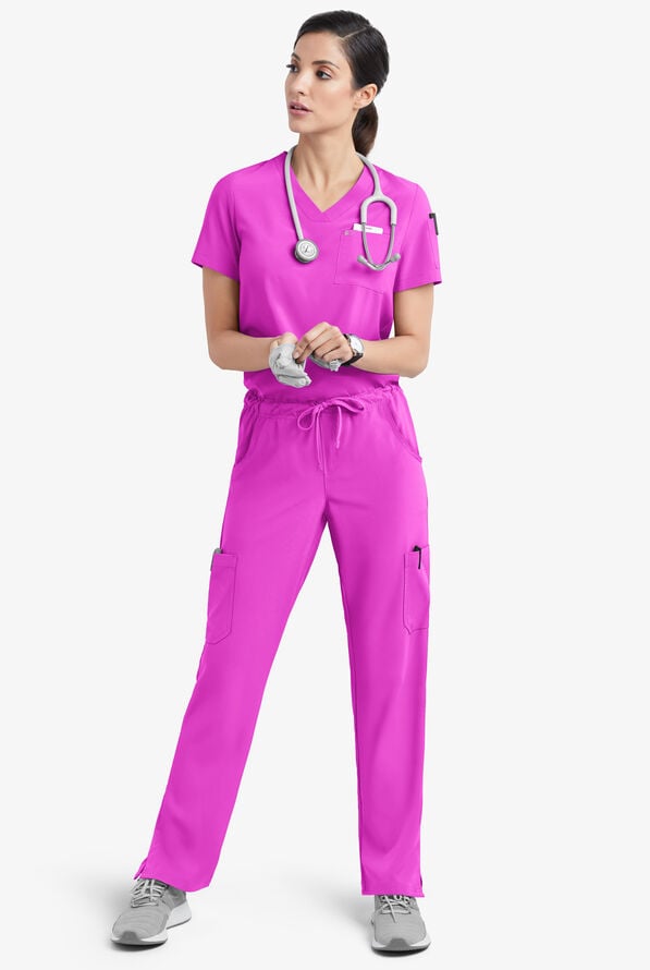 Easy STRETCH Chloe Women's 3-Pocket V-Neck Tuck-In Scrub Top - Electric Fuchsia - 2