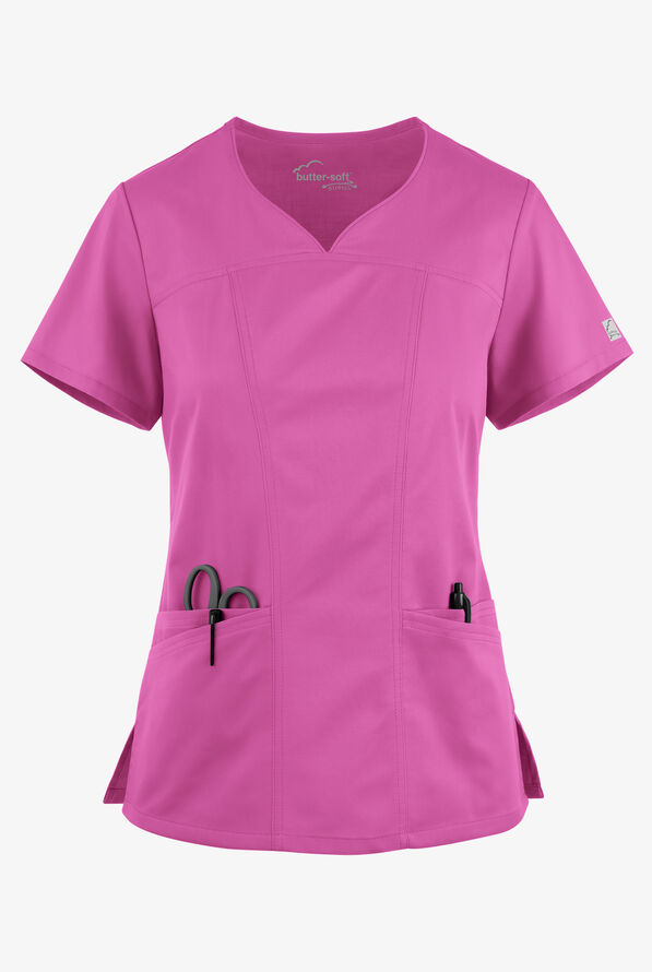 Butter-Soft STRETCH Women's 4-Pocket Sweetheart Neck Scrub Top - Rosebud - 1