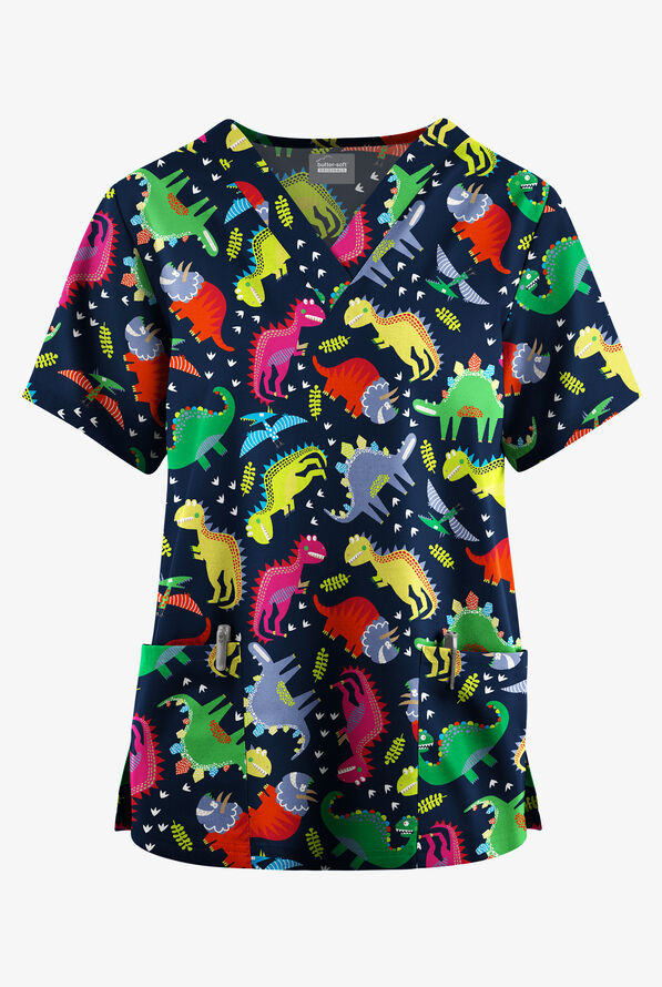 Butter-Soft Originals Colorfu Dinos Navy Women's 2-Pocket V-Neck Print Scrub Top - null - 1