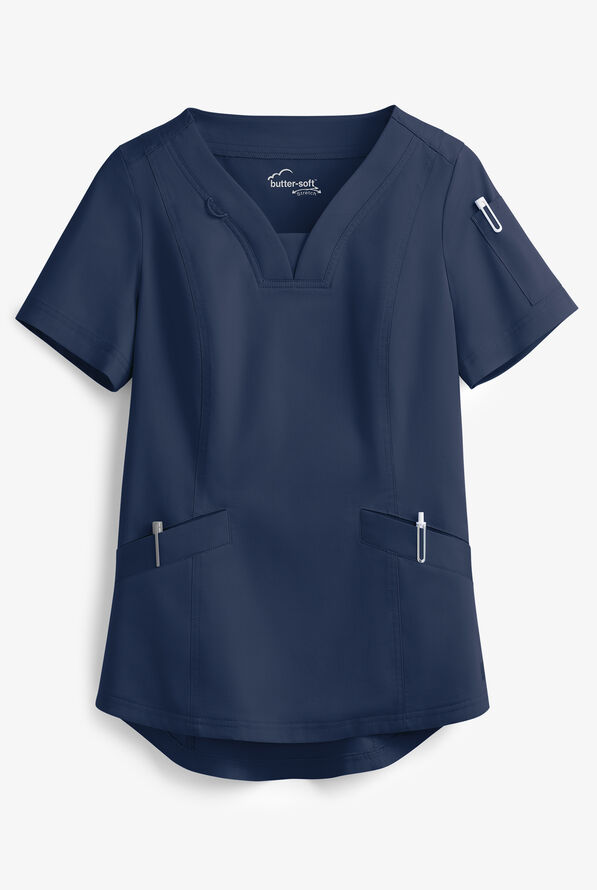 Butter-Soft STRETCH Women's 4-Pocket Feminine Curved V-Neck Scrub Top - Navy - 1
