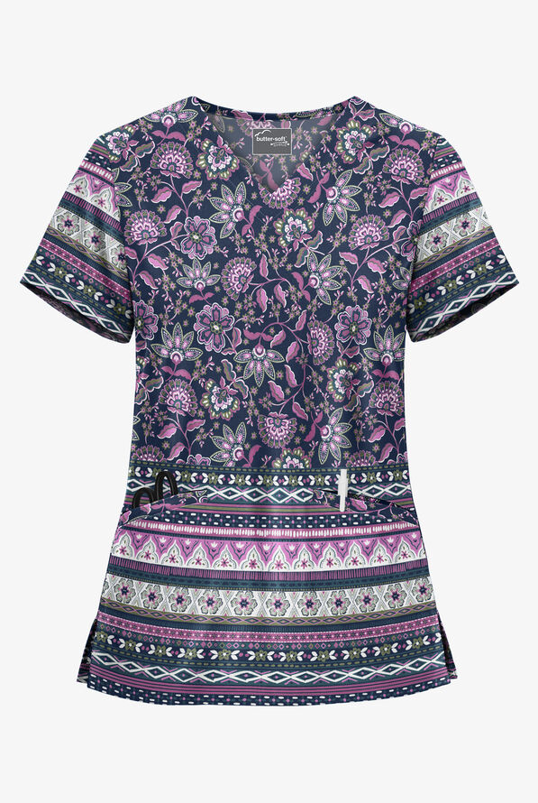 UA Butter-Soft STRETCH Jacobean Border Navy Women's 2-Pocket with Angled Welt Print Scrub Top - null - 1