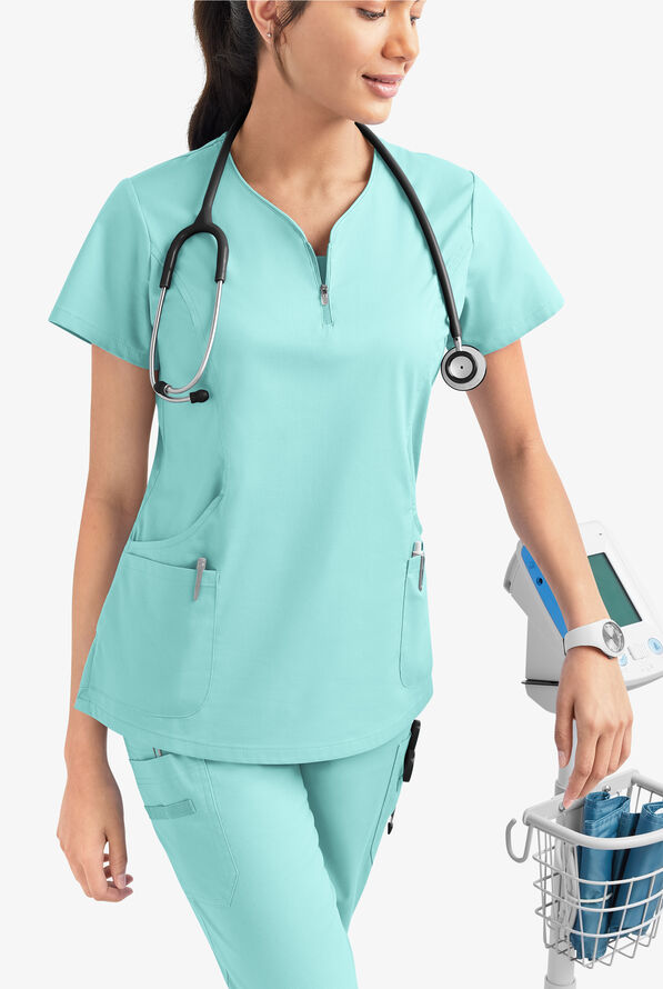 Butter-Soft STRETCH Women's 4-Pocket Curved Neck Zipper Scrub Top - Aqua Moon - 6