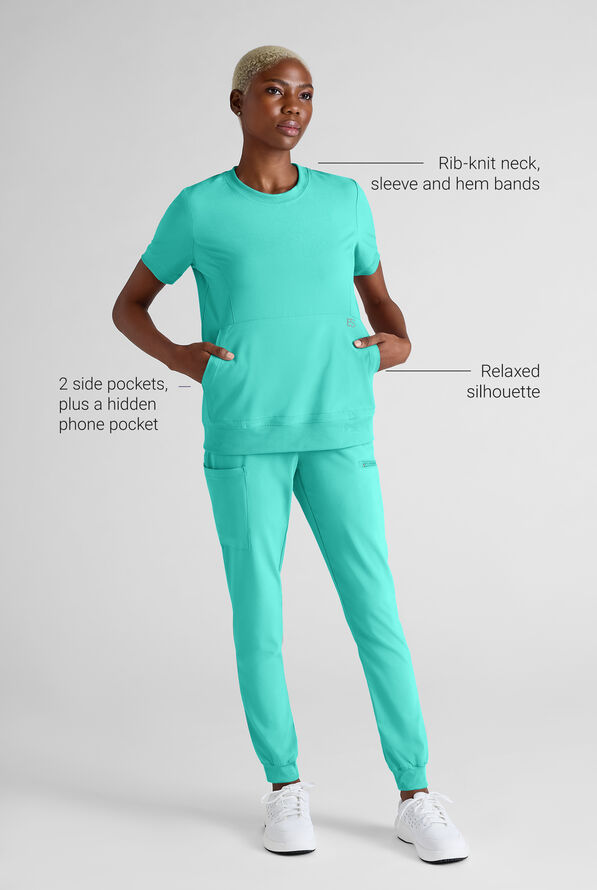 Easy STRETCH Anya Women's 2-Pocket Relaxed Crew Neck Scrub Top - Aqua Dust - 3