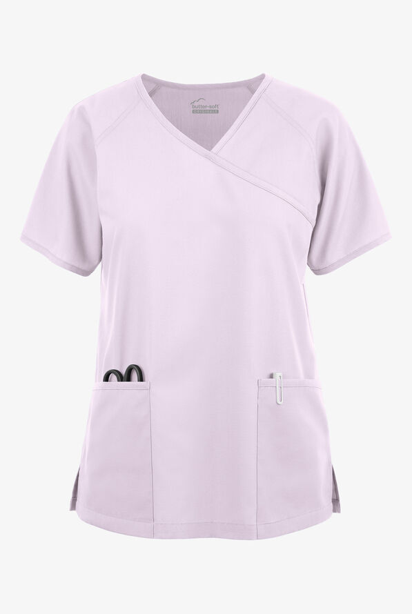 Blusa médica Butter-Soft Originals estilo cruzado con mangas raglán y 3 bolsillos para mujer - Orchid Petal - 1