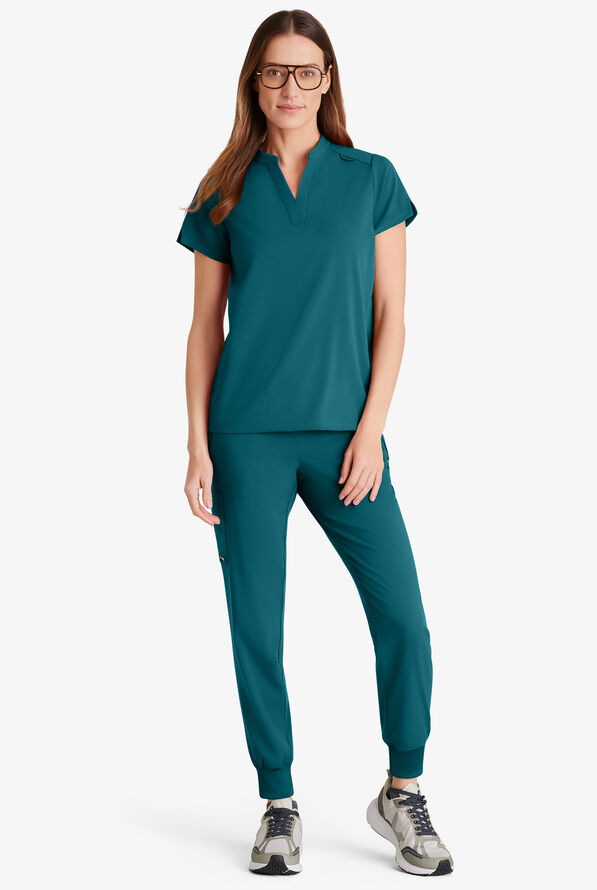 Grey's Anatomy by Barco Spandex STRETCH Avery Women's 2-Pocket Notch Sleeve V-Neck Scrub Top - Bahama Blue - 4