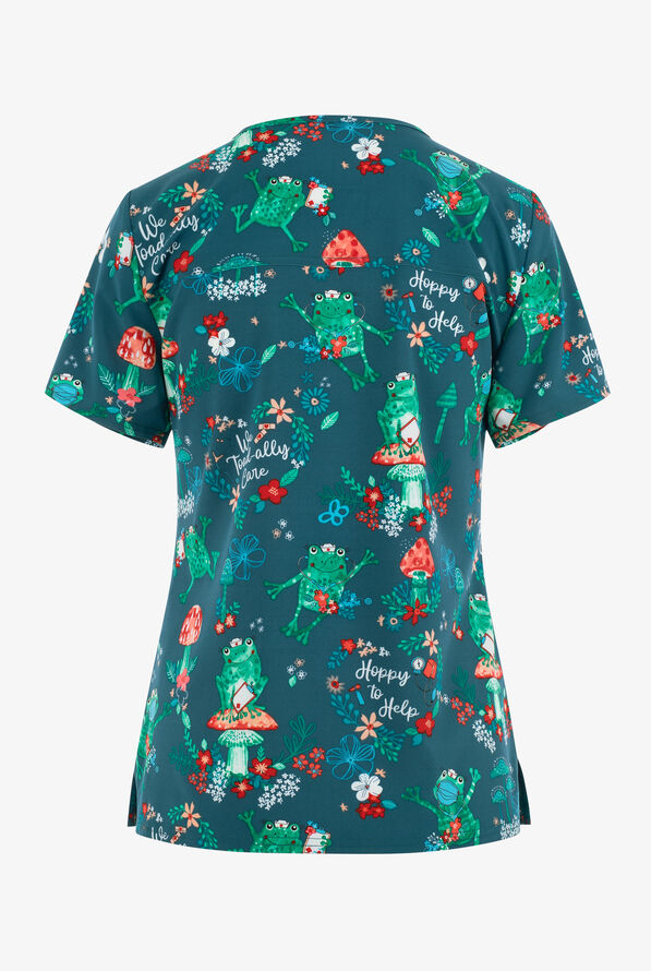 Cherokee  Genuine Hoppy To Help Frogs Women's 2-Pocket STRETCH V-Neck Print Scrub Top - null - 2