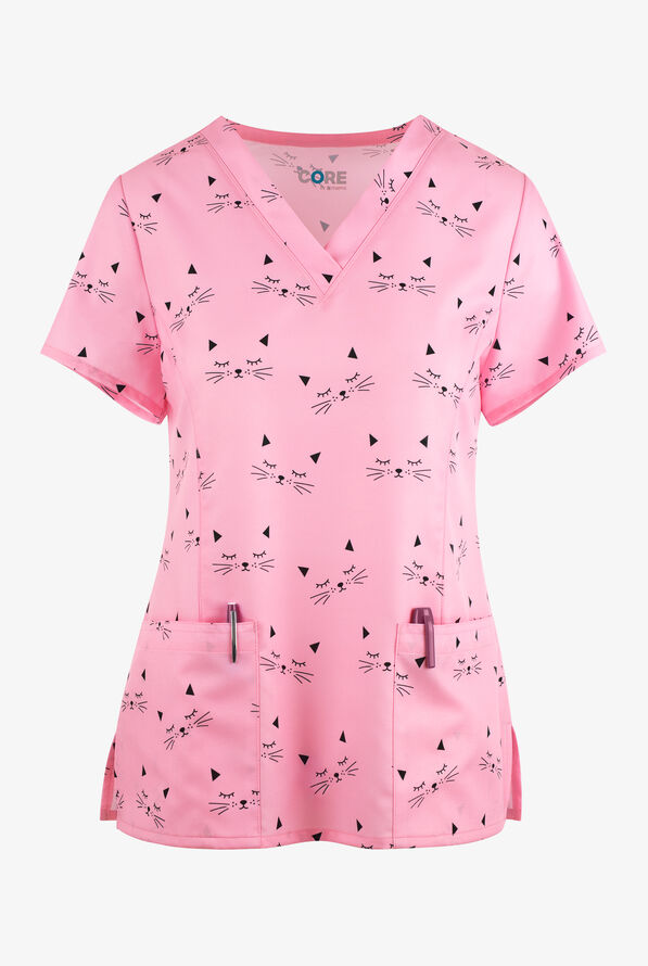 UA Exclusive Maevn Pink Cat Nap Women's 3-Pocket V-Neck Print Scrub Top - null - 1