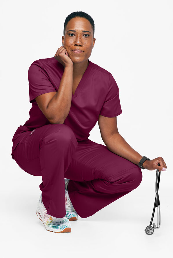 Cherokee Workwear Revolution Women's 3-Pocket STRETCH V-Neck Scrub Top - Wine - 3