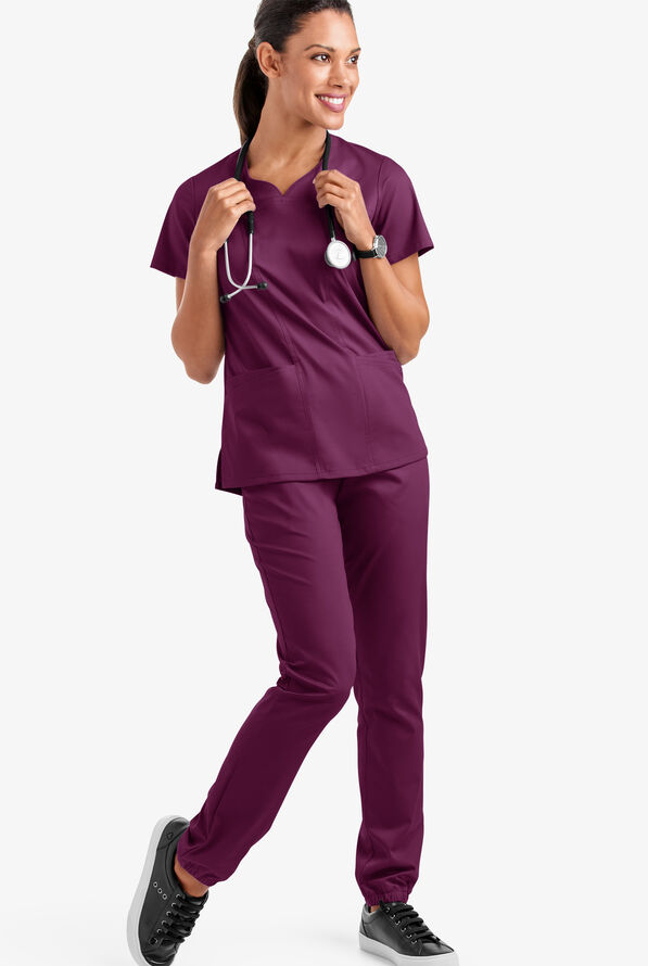 Butter-Soft STRETCH Women's 4-Pocket Sweetheart Neck Scrub Top - Wine - 2