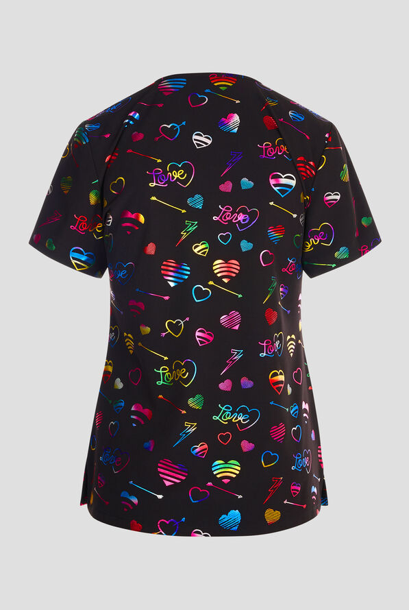 Green Town Hearts and Arrows Foil Women's 3-Pocket STRETCH V-Neck Print Scrub Top - null - 2