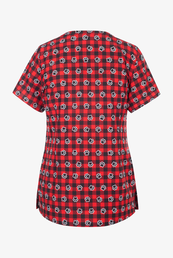 Maevn Plaid Paws Women's 3-Pocket STRETCH V-Neck Print Scrub Top - null - 2