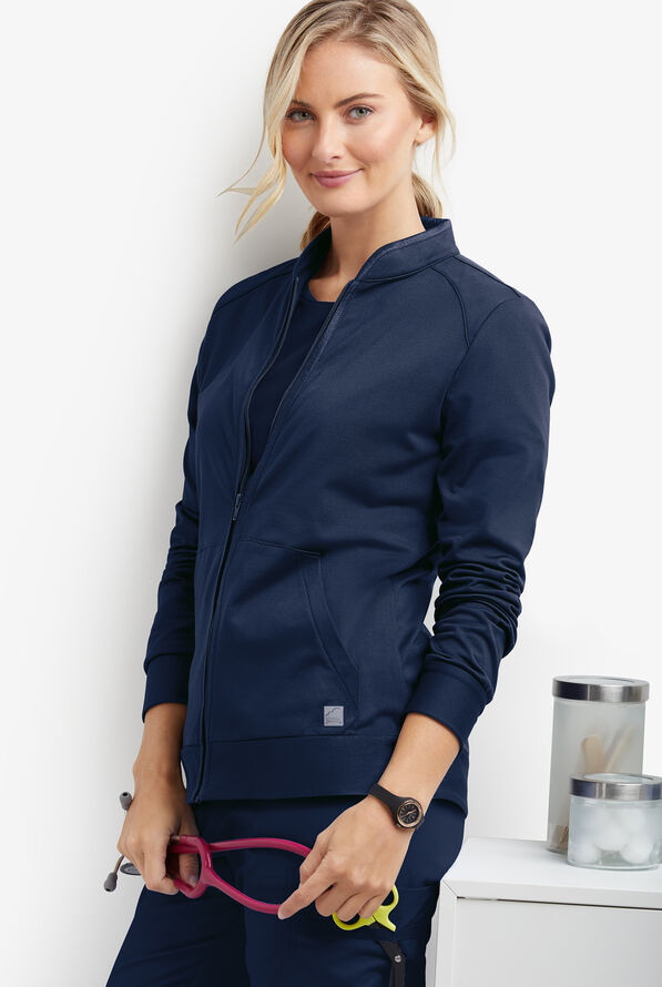 Butter-Soft STRETCH Women's 2-Pocket Technical Knit Zip Front Scrub Jacket - Navy - 4